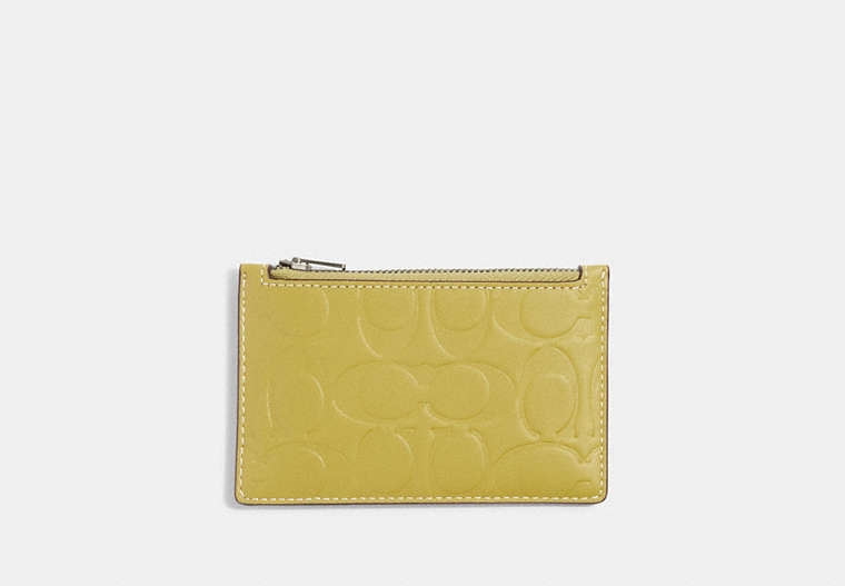 COACH®,ZIP CARD CASE IN SIGNATURE LEATHER,Coated Canvas/Leather,Black Antique Nickel/Chartreuse,Front View