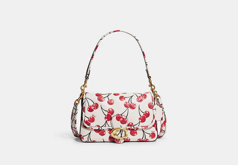 COACH®,SOFT TABBY SHOULDER BAG WITH CHERRY PRINT,Smooth Leather,Small,Brass/Chalk,Front View