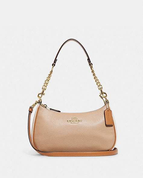 COACH®,TERI SHOULDER BAG IN COLORBLOCK,Refined Pebble Leather,Large,Gold/Taupe Multi,Front View
