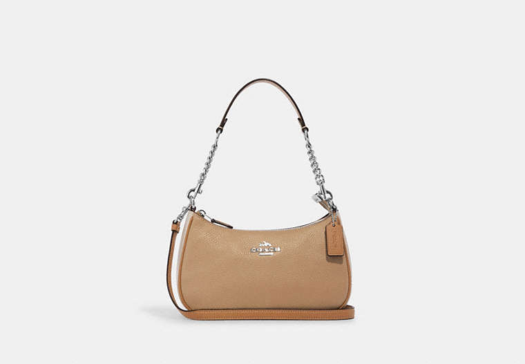 COACH®,TERI SHOULDER BAG IN COLORBLOCK,Refined Pebble Leather,Large,Silver/Sandy Beige Multi,Front View