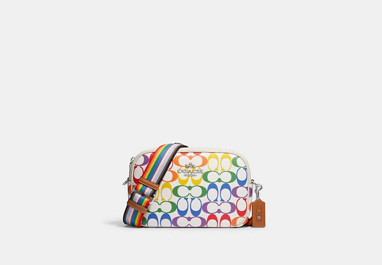COACH®,JAMIE CAMERA BAG IN RAINBOW SIGNATURE CANVAS,pvc,Silver/Chalk Multi,Front View