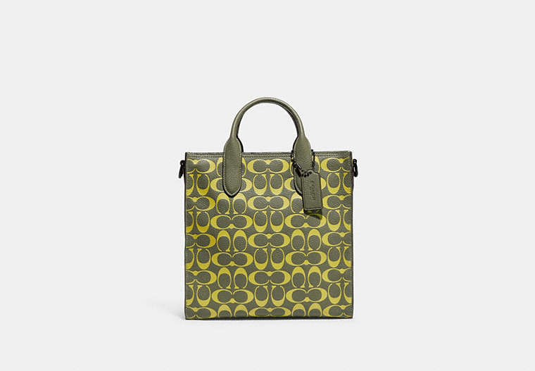 COACH®,GOTHAM TALL TOTE 24 IN SIGNATURE LEATHER,Polished Pebble Leather,Medium,Army Green/Key Lime,Front View
