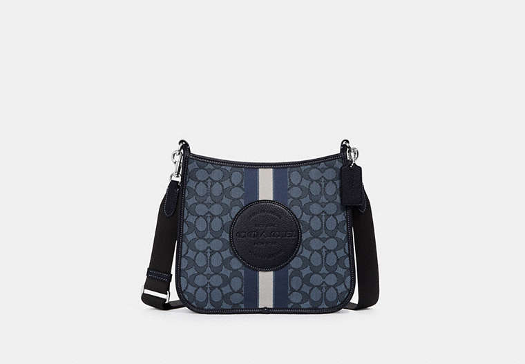 COACH®,DEMPSEY FILE BAG IN SIGNATURE JACQUARD WITH STRIPE AND COACH PATCH,Jacquard,Large,Silver/Denim/Midnight Navy Multi,Front View