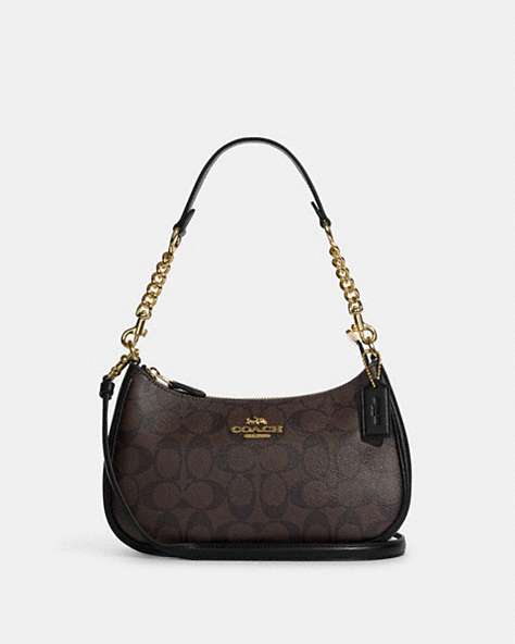 COACH®,TERI SHOULDER BAG IN SIGNATURE CANVAS,Signature Coated Canvas,Large,Anniversary,Gold/Brown Black,Front View