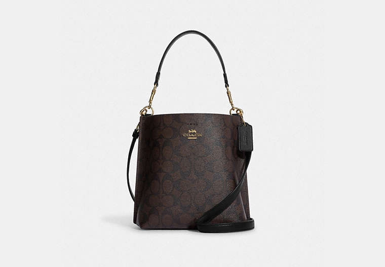 COACH®,MOLLIE BUCKET BAG 22 IN SIGNATURE CANVAS,Leather,Medium,Everyday,Gold/Brown Black,Front View