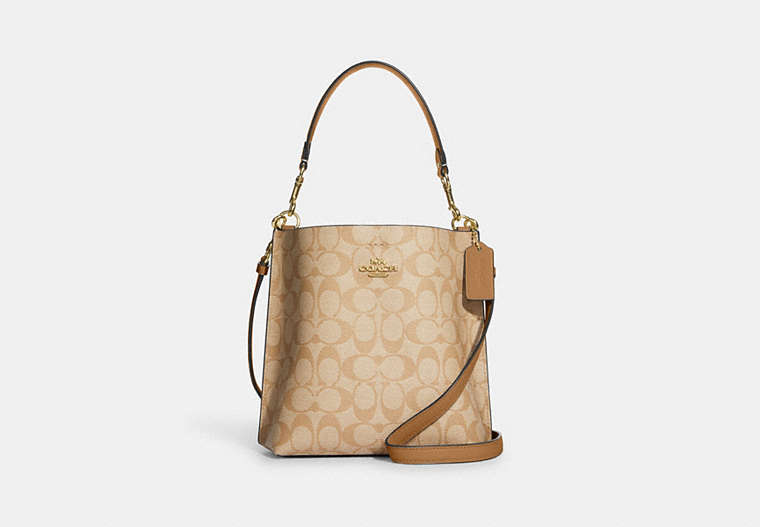 COACH®,MOLLIE BUCKET BAG 22 IN SIGNATURE CANVAS,Leather,Medium,Everyday,Gold/Lt Khaki/Lt Saddle,Front View