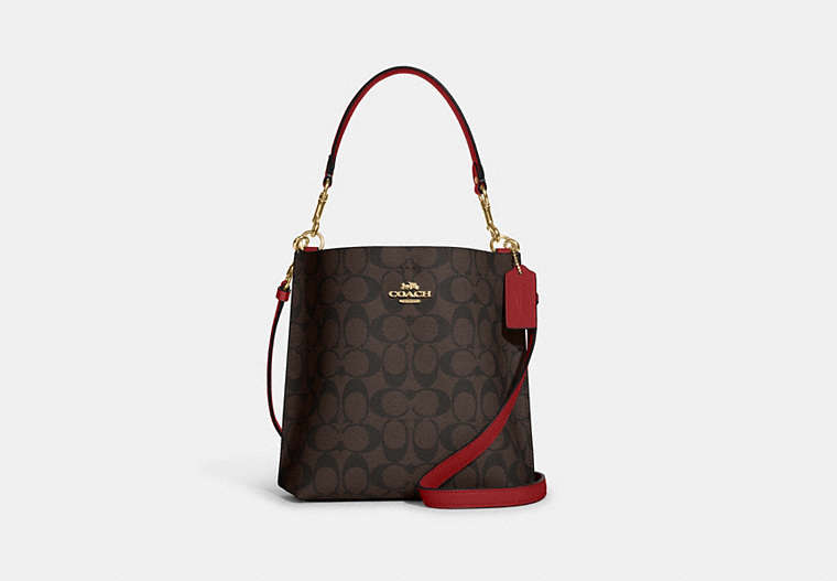 COACH®,MOLLIE BUCKET BAG 22 IN SIGNATURE CANVAS,Leather,Medium,Everyday,Gold/Brown 1941 Red,Front View