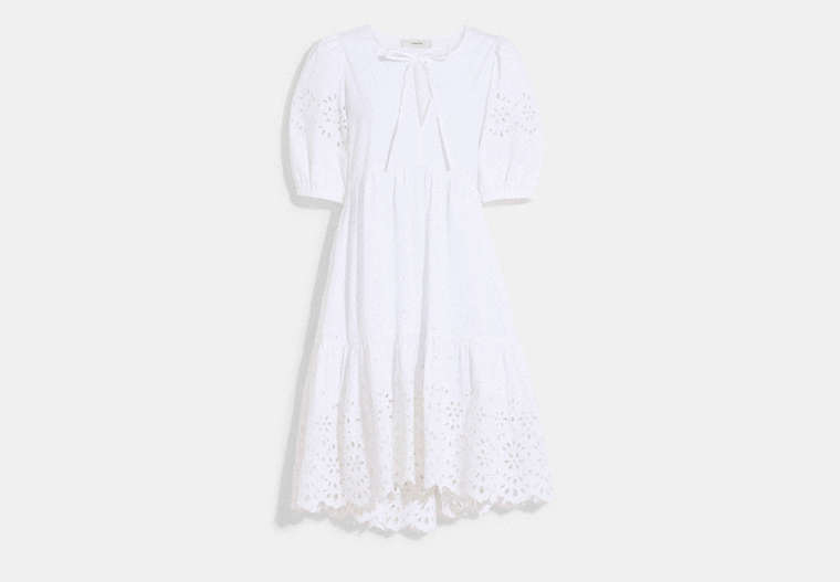 COACH®,BRODERIE ANGLAISE PUFF SLEEVE DRESS IN ORGANIC COTTON,cotton,White,Front View