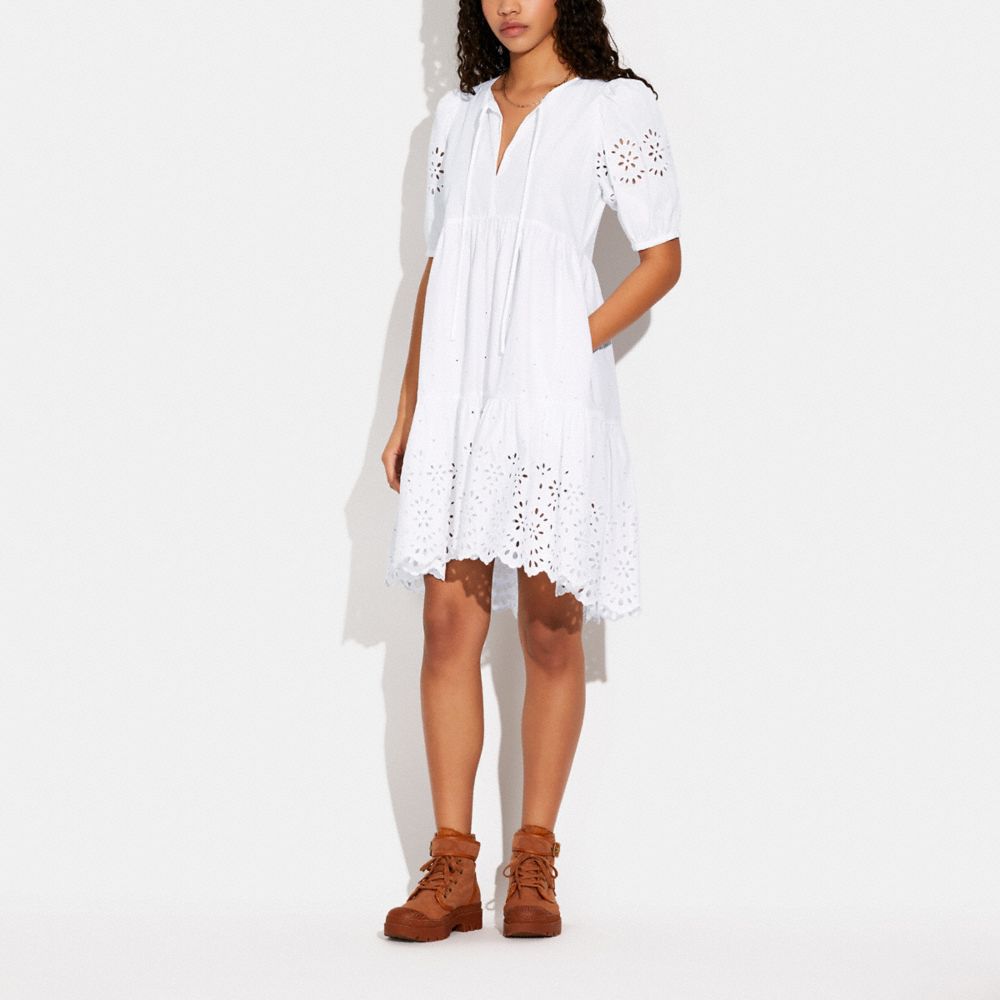 COACH®,BRODERIE ANGLAISE PUFF SLEEVE DRESS IN ORGANIC COTTON,cotton,White,Scale View