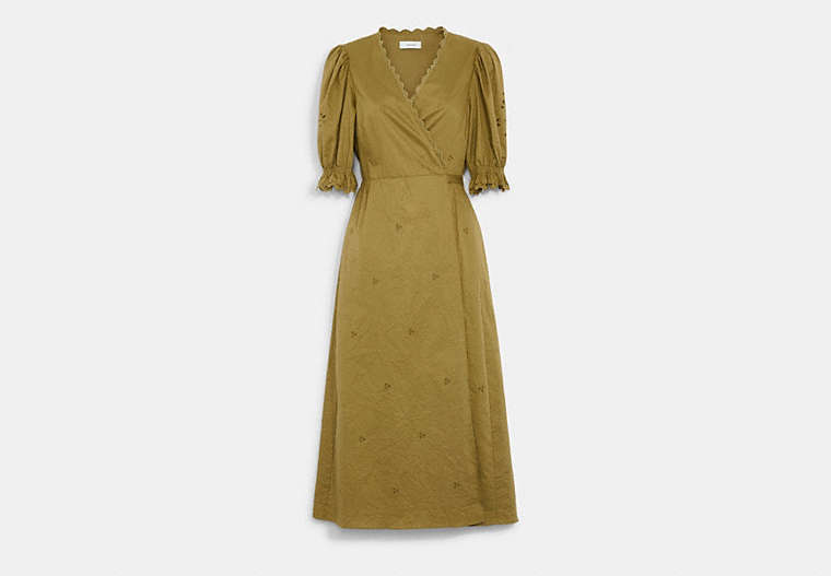 COACH®,BRODERIE ANGLAISE WRAP DRESS IN ORGANIC COTTON,cotton,Dark Olive,Front View