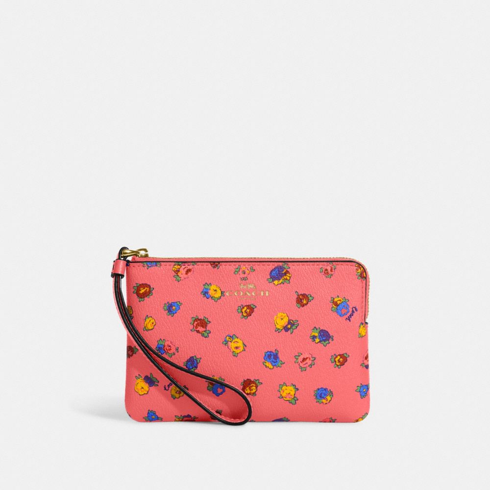 Corner Zip Wristlet With Mini Vintage Rose Print