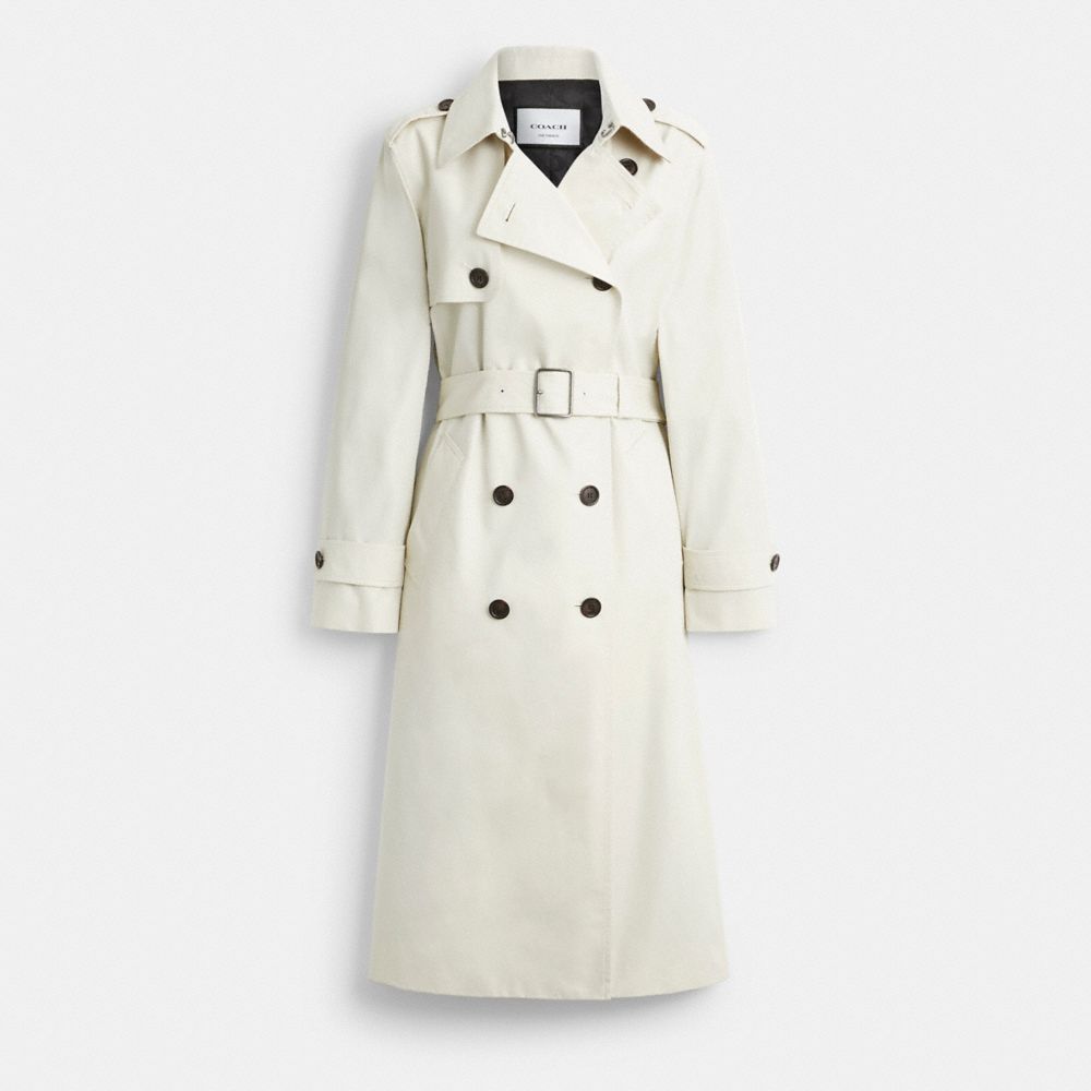 COACH®,Long Trench,Polyester,Cotton,Trench,Button,Gun Flap,Work,Cream,Front View