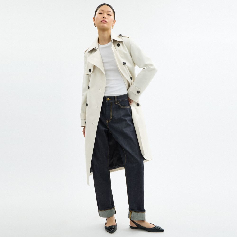 COACH®,Long Trench,Polyester,Cotton,Trench,Button,Gun Flap,Work,Cream,Scale View
