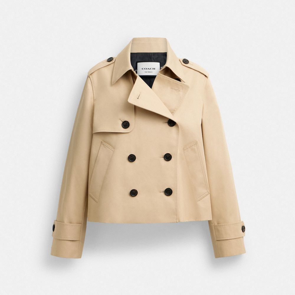 COACH®,Short Trench,Cotton,Polyester,Trench,Button,Gun Flap,Casual,Beige,Front View