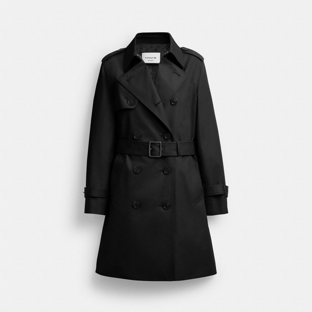 COACH®,Mid Trench,Cotton,Polyester,Trench,Gun Flap,Button,Work,Black,Front View