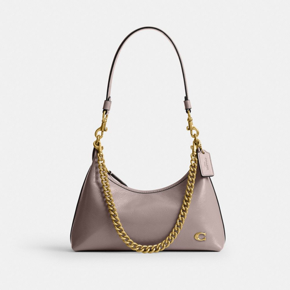 COACH®,Juliet Shoulder Bag 25,Calfskin Leather,Hobo,Faux Leather,Metal,Pendant,Shoulder Guard,Adjustable,Gold Metal,Day Party,Gray,Front View