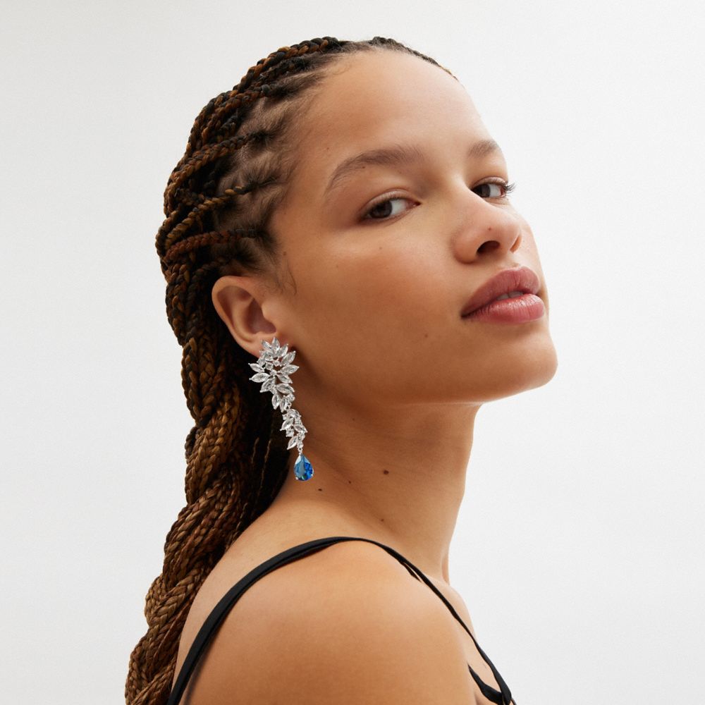 COACH®,Statement Crystal Single Earring,Dangle Earring,Single,Crystal,Glass,Gem Embellishment,Titanium,Brass,Cocktail,Blue,Detail View