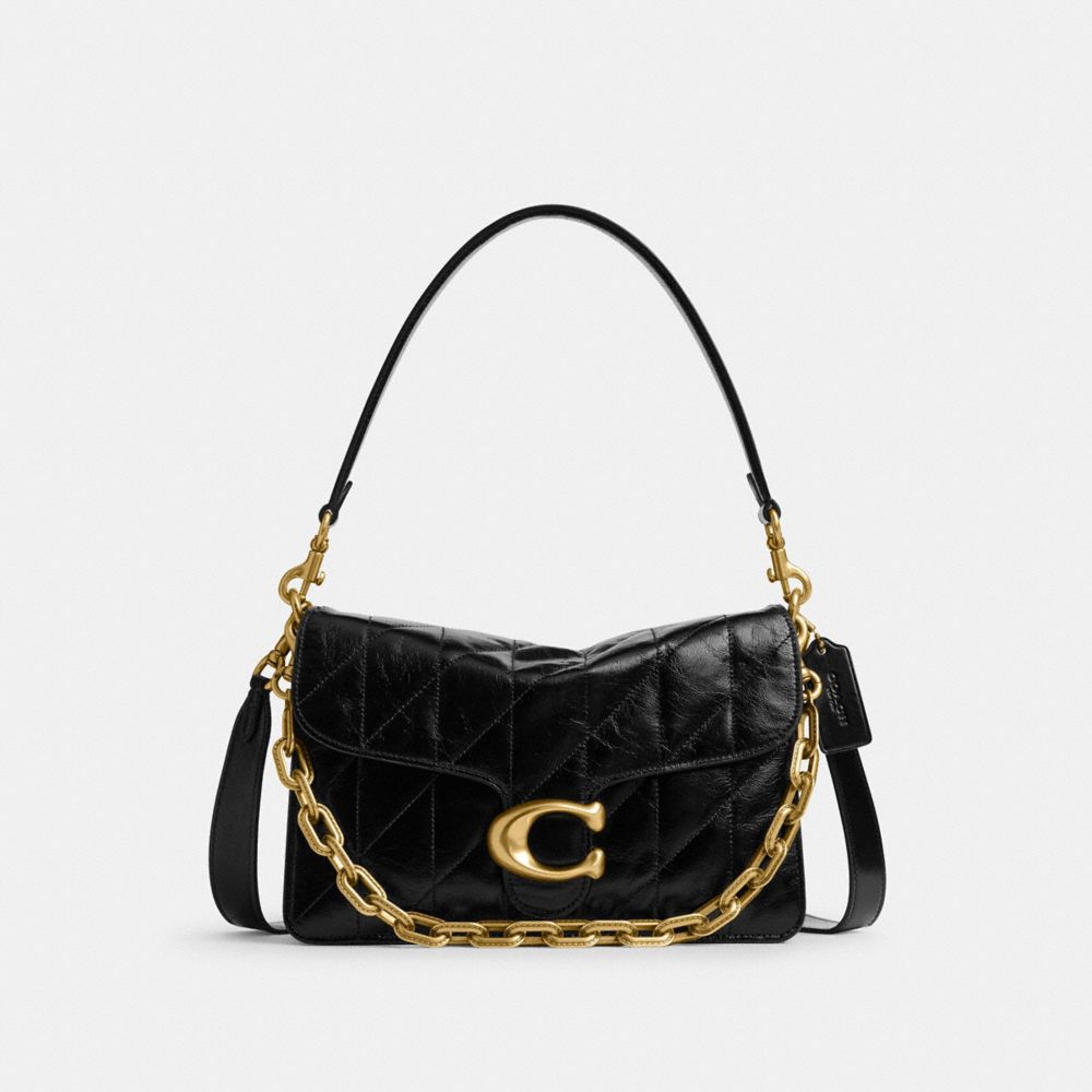 COACH®,Chain Tabby Shoulder Bag With Quilting,Leather,Shoulder Bag,Metal,Logo,Chain Detail,Adjustable,Compact,Brass,Day Party,Black,Front View
