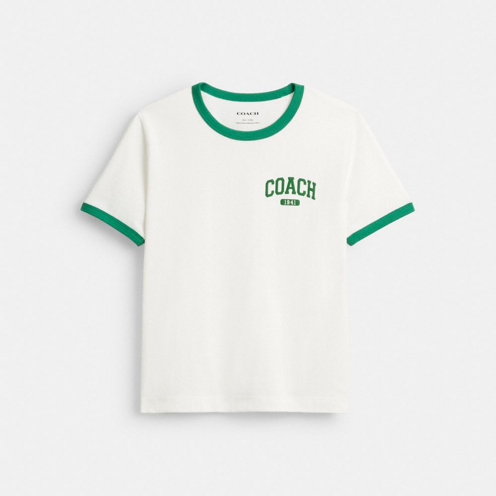 COACH®,Sporty Signature Classic 70 S T-Shirt In Organic Cotton,Organic Cotton,T Shirt,Piping,Word Embellishment,Logo,Eco-F...,,Front View