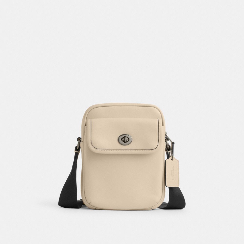 COACH®,Turnlock Crossbody Bag,Calfskin Leather,Crossbody,Logo,Engraved Detail,Adjustable,Gunmetal,Casual,Cream,Front View