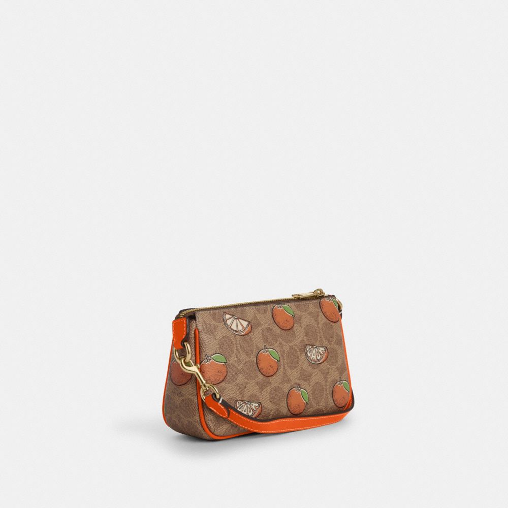 COACH®,Nolita 19 In Signature Canvas With Orange Print,Canvas,Wristlet,Shoulder Bag,Metal,Piping,Gold Metal,Casual,Brown,Angle View