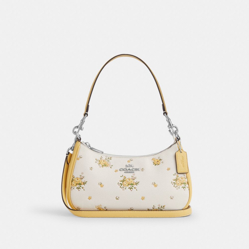 COACH®,Teri Shoulder Bag With Floral Print,Leather,Shoulder Bag,Metal,Color Block,Logo,Adjustable,Color Metal,Casual,White,Front View