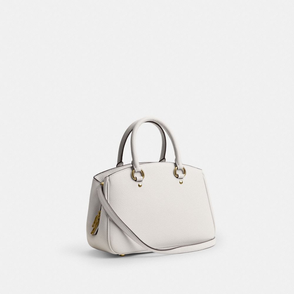 COACH®,Savannah Small Carryall Bag,Leather,Satchel,Metal,Logo,Gold Plated,Work,White,Angle View