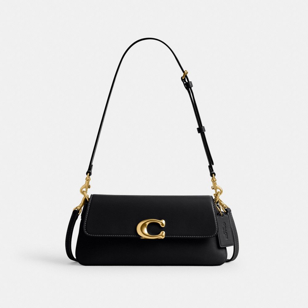 COACH®,Jet Shoulder Bag,Calfskin Leather,Shoulder Bag,Logo,Metal,Gold Metal,Casual,Black,Front View