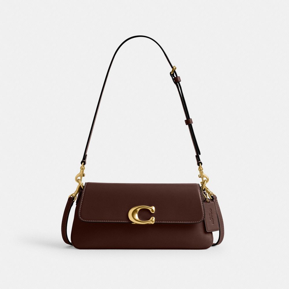 COACH®,Jet Shoulder Bag,Calfskin Leather,Shoulder Bag,Logo,Metal,Gold Metal,Casual,Brown,Front View