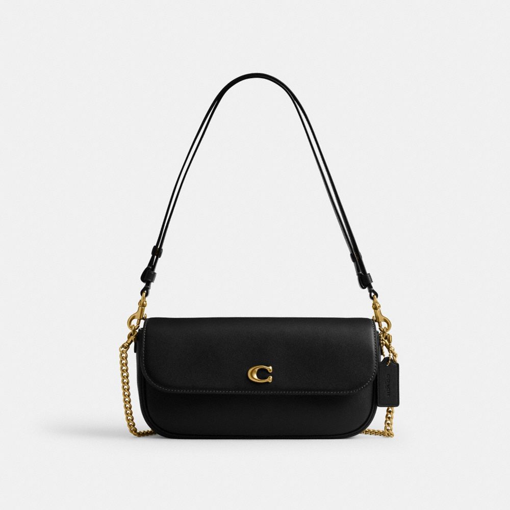 COACH®,Brook Flap Chain Bag,Calfskin Leather,Shoulder Bag,Logo,Embossed,Metal,Adjustable,Compact,Shoulder Guard,Brass,Casual,Black,Front View