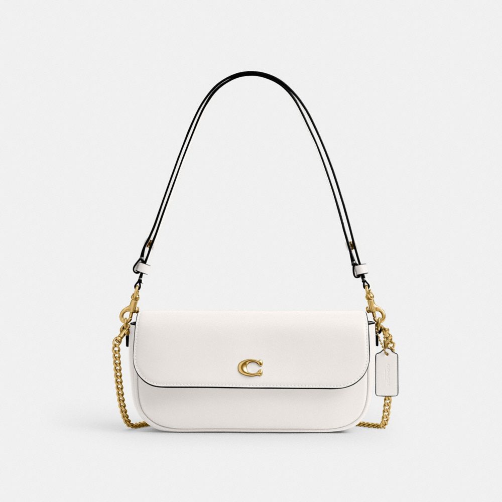 COACH®,Brook Flap Chain Bag,Calfskin Leather,Shoulder Bag,Logo,Embossed,Metal,Adjustable,Compact,Shoulder Guard,Brass,Casual,White,Front View