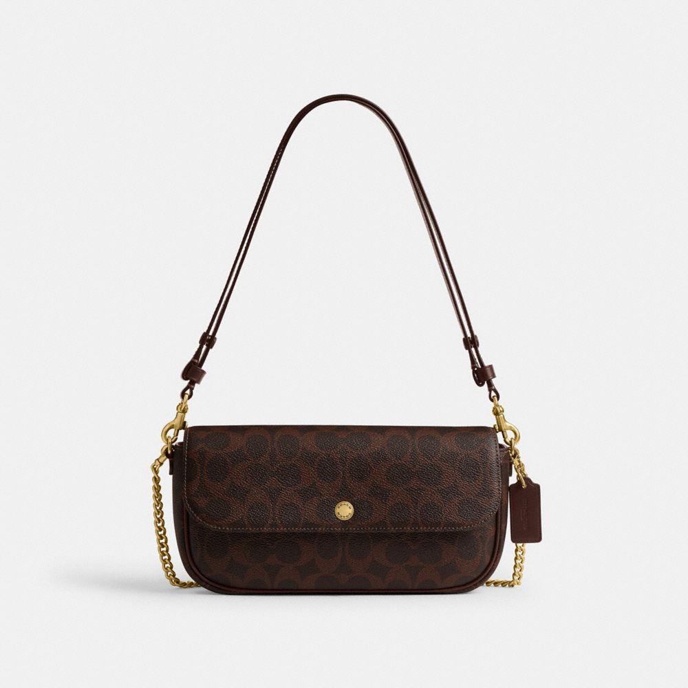 COACH®,Brook Flap Chain Bag In Signature Canvas,Leather,Calfskin Leather,Fabric,Canvas,Shoulder Bag,Logo,Embellished,Patte...,Brown,Front View