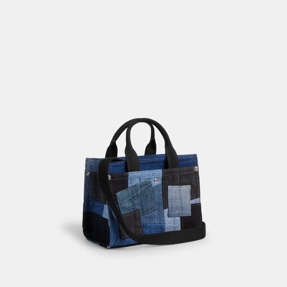COACH®,Cargo Tote Bag 20 With Patchwork,Denim,Leather,Tote,Embroidered,Logo,Patchwork,Color Block,Silver Metal,Casual,Blue,Angle View