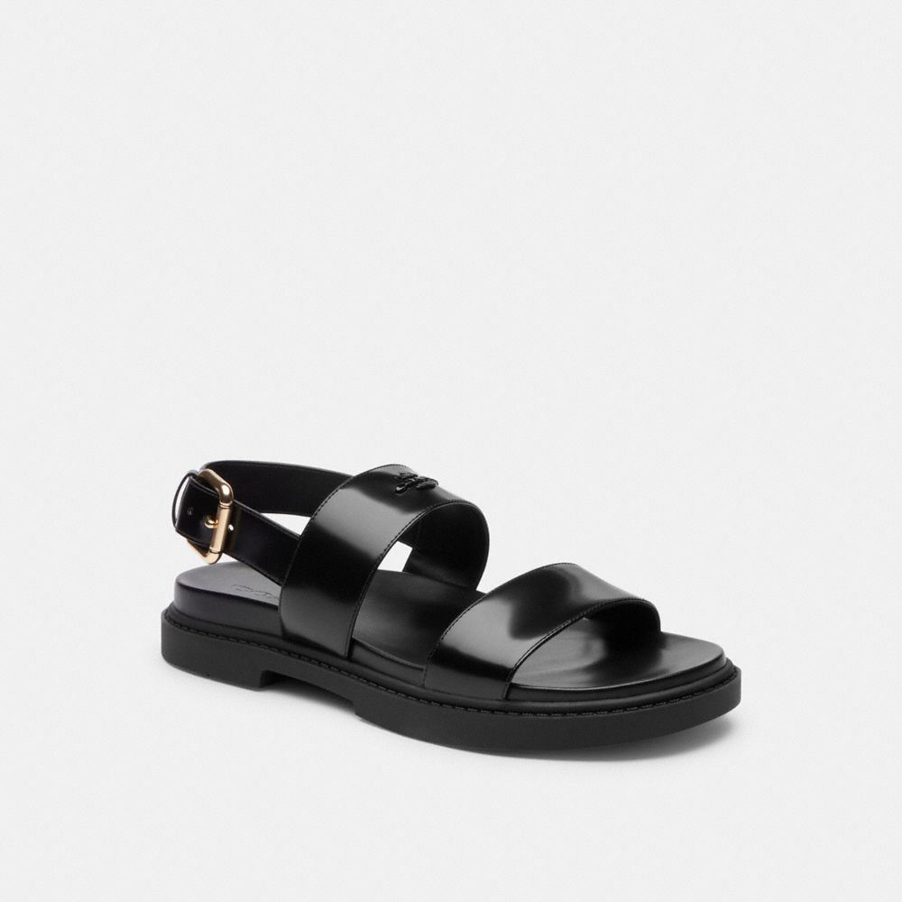 COACH®,Two Band Sandal,Leather,Rubber,Sandals,Logo,Casual,Black,Front View