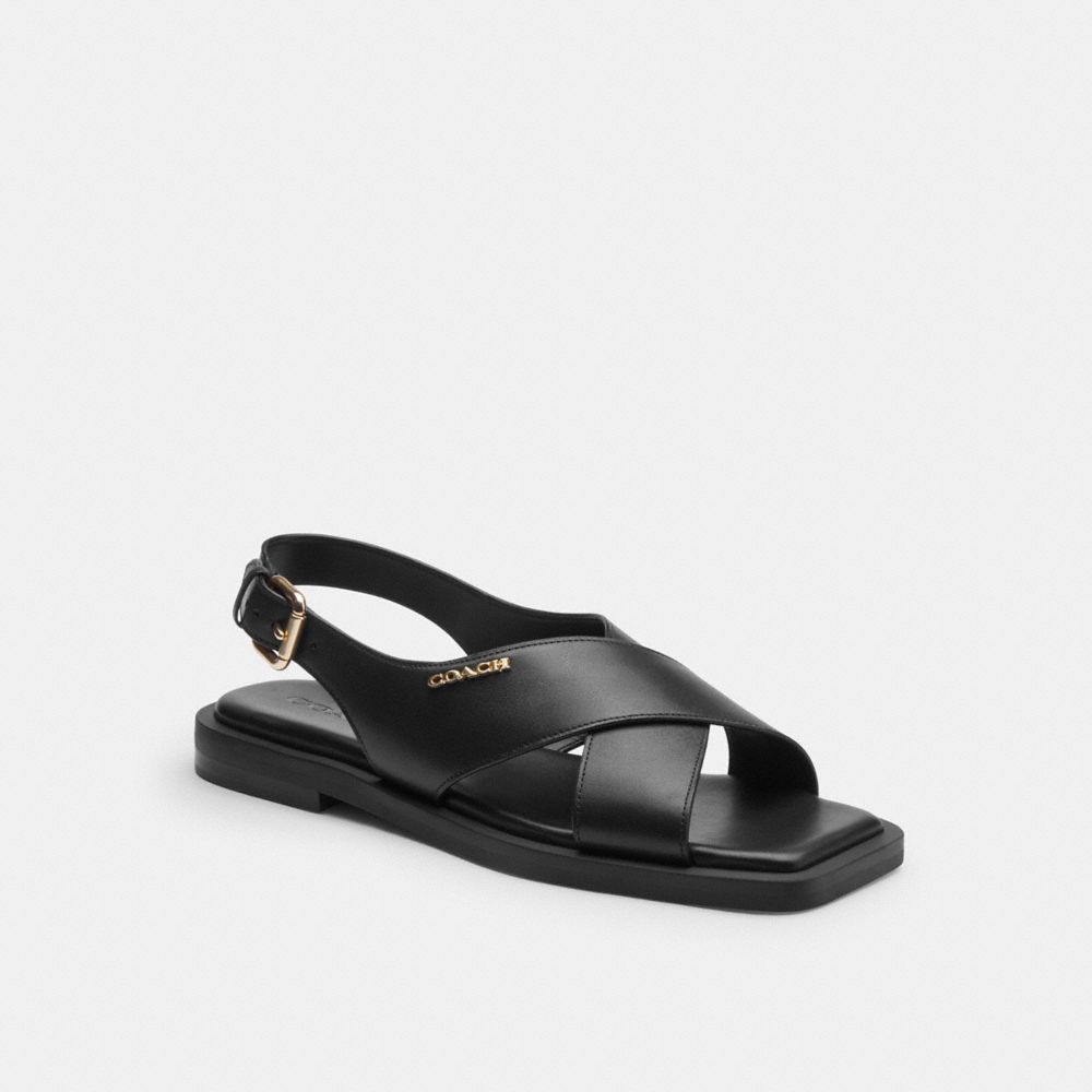 COACH®,Link Criss Cross Sandal,Leather,Faux Leather,Rubber,Sandals,Logo,Metal,Casual,Black,Front View