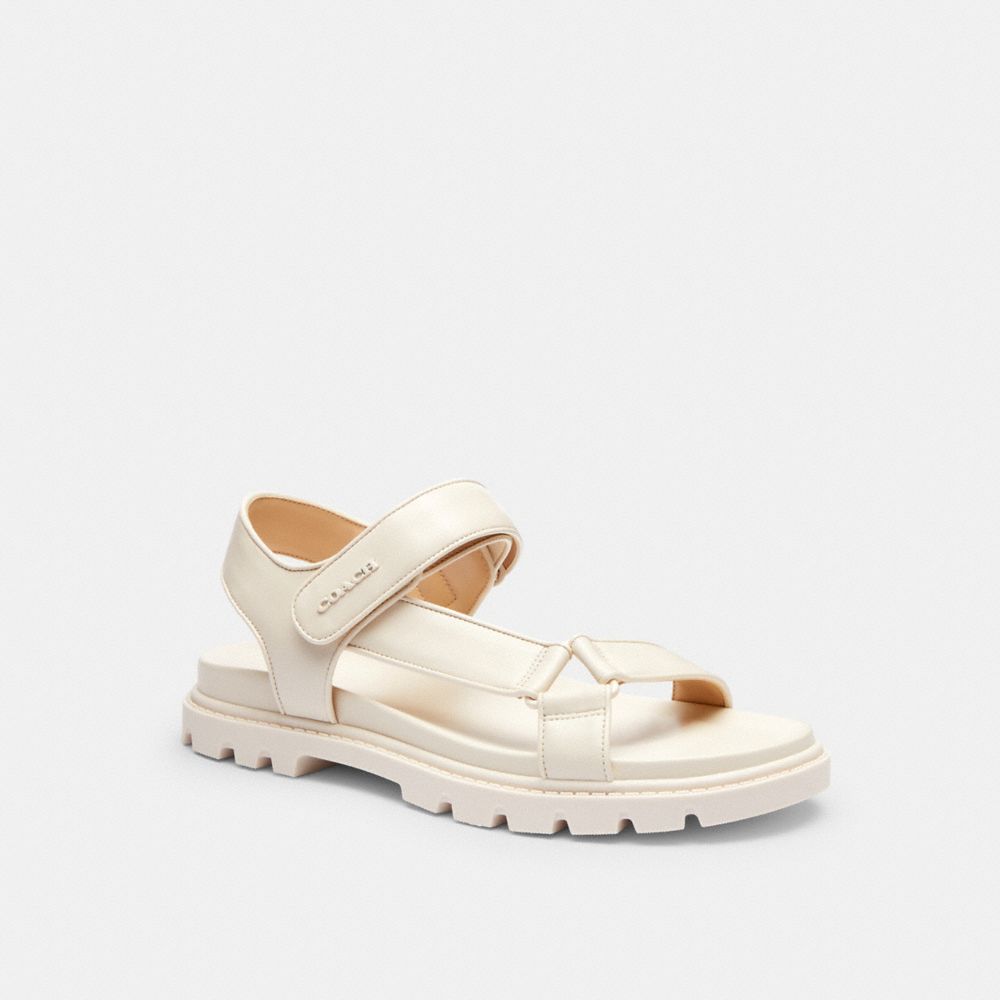 COACH®,Sport Sandal,Leather,Rubber,Sandals,Harness Embellishment,Metal,Logo,Pull Tab,Casual,Cream,Front View