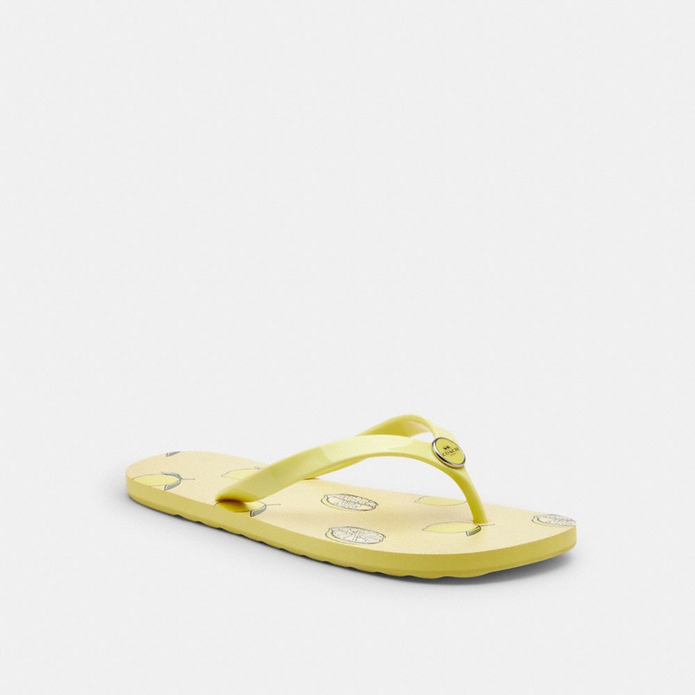 COACH®,Zayn Flip Flop With Fruit Print,Rubber,Flip Flops,Disc,Logo,Metal,Pull Tab,Casual,Yellow,Front View