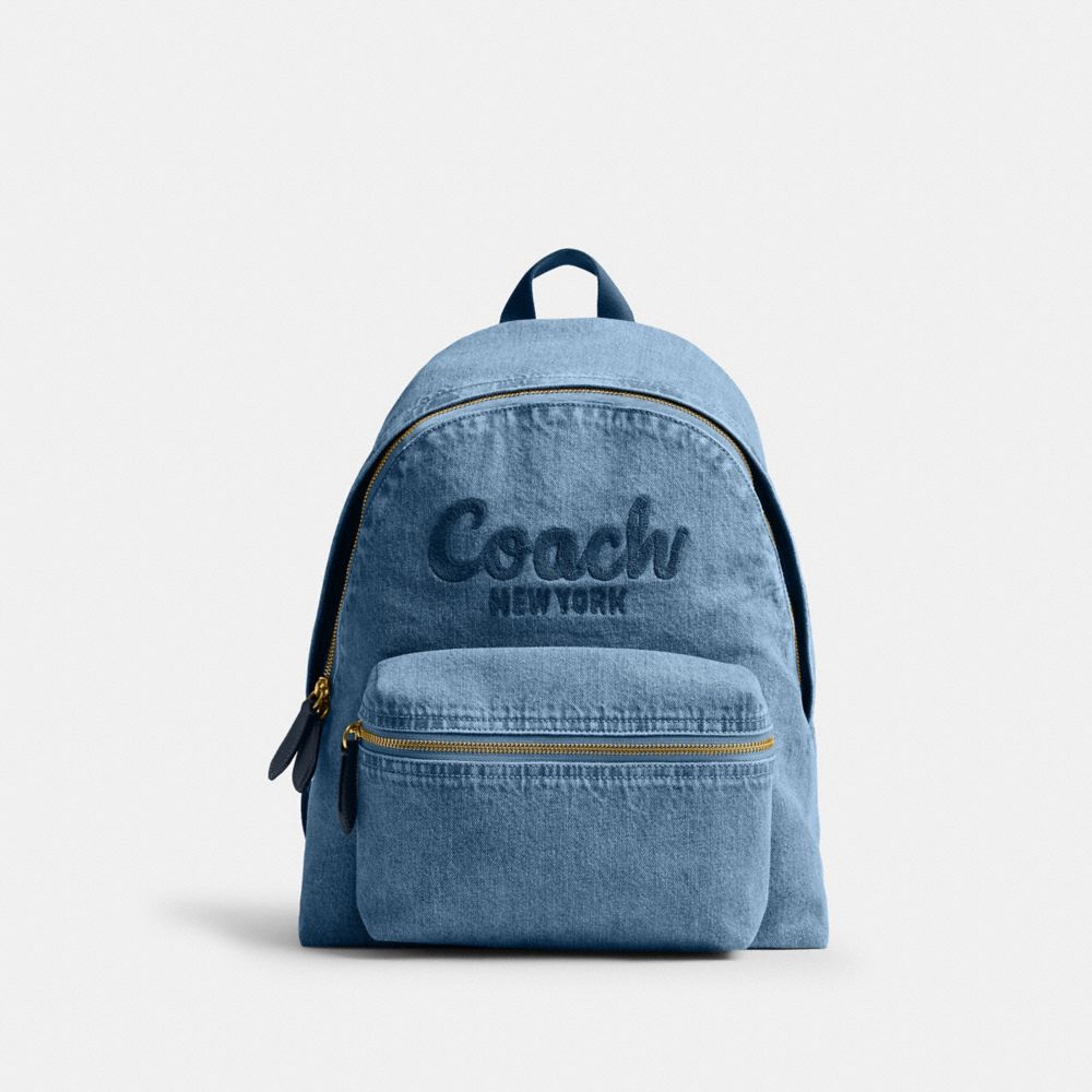 COACH®,Cargo Backpack,Denim,Calfskin Leather,Backpack,Adjustable,Brass,Casual,Blue,Front View