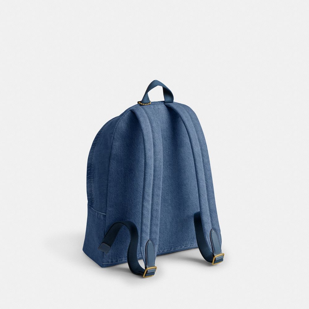 COACH®,Cargo Backpack,Denim,Calfskin Leather,Backpack,Adjustable,Brass,Casual,Blue,Angle View