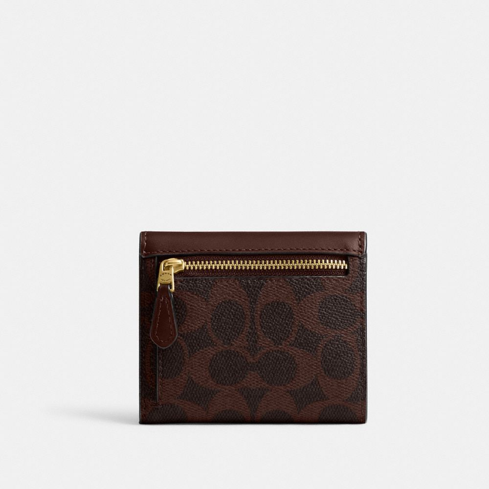 COACH®,Mila Small Flap Wallet In Signature Canvas,Calfskin Leather,Canvas,Tri Fold,Metal,Logo,Color Block,Casual,Brown,Back View