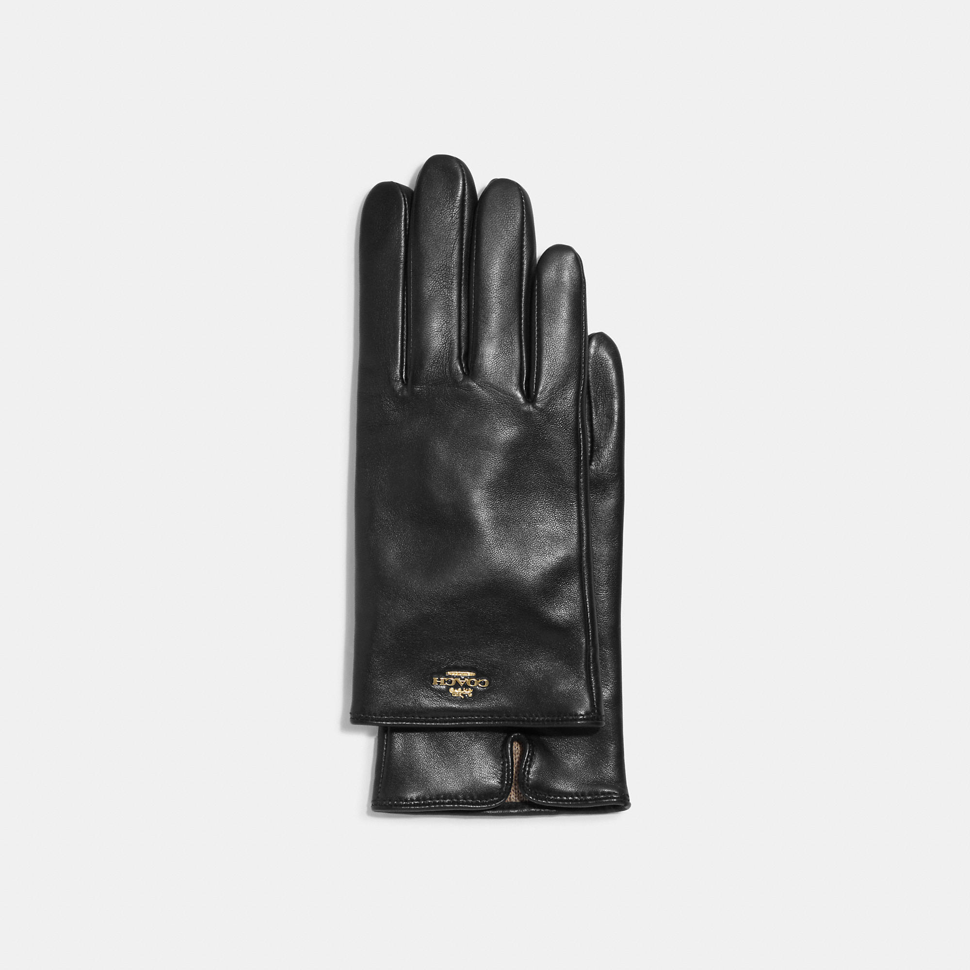 Coach Plaque Leather Tech Gloves In Black