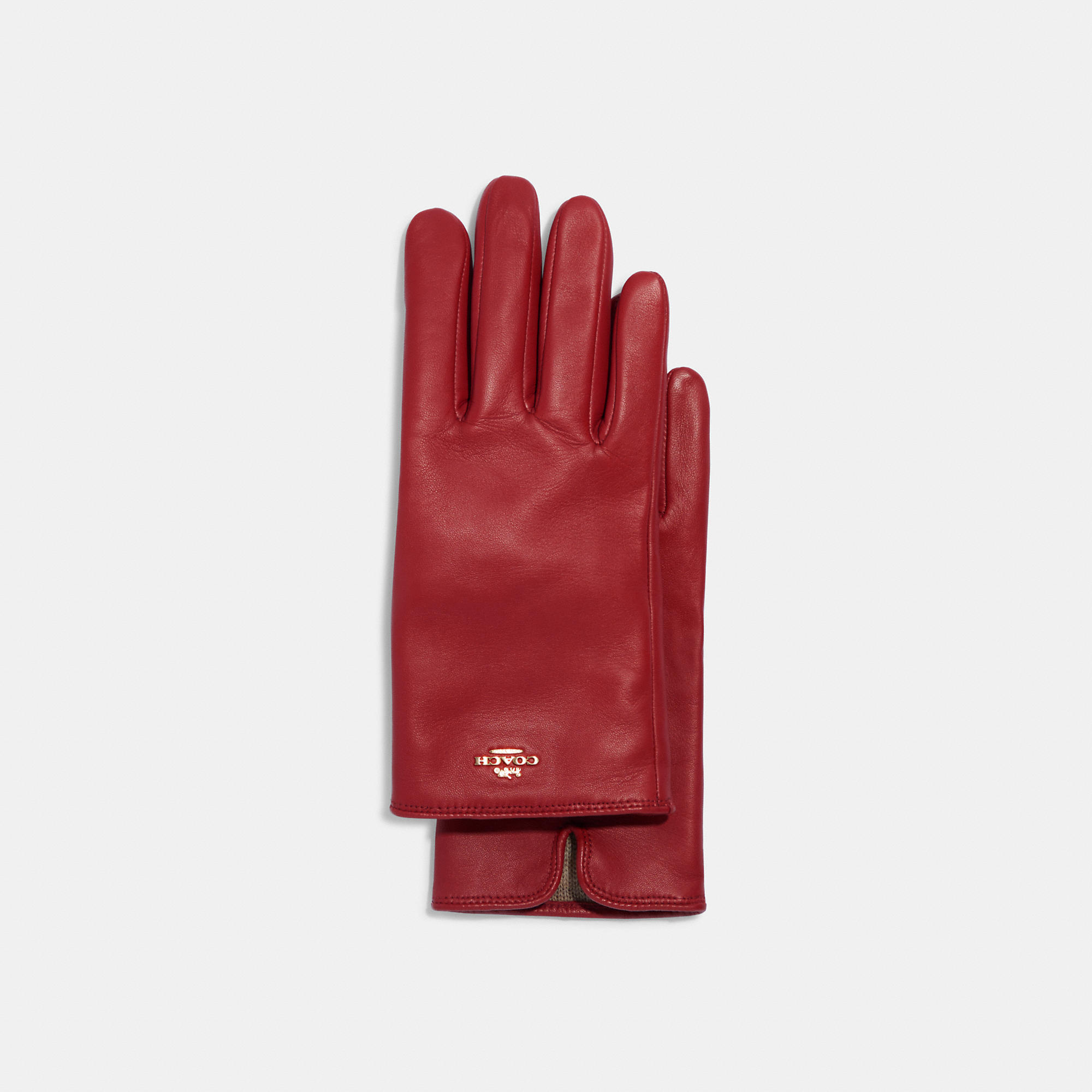 Coach Plaque Leather Tech Gloves In Red