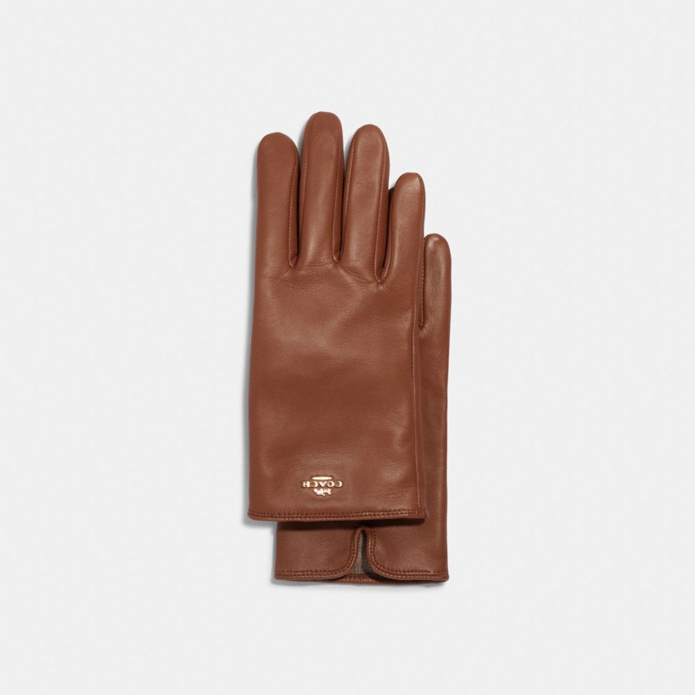 COACH®,Coach Plaque Leather Tech Gloves,Leather,Lining Wool,Classic Gloves,Tech Touch,Casual,Brown,Front View