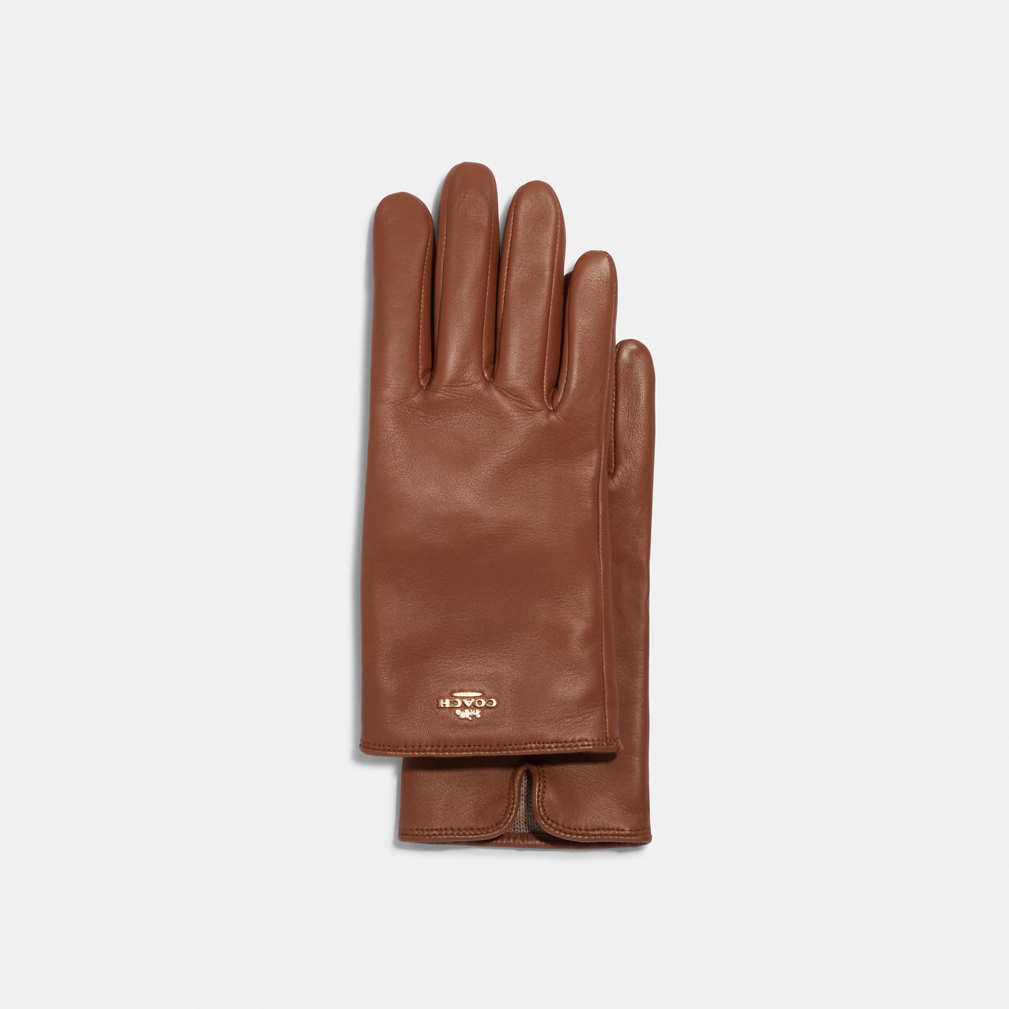 Coach Plaque Leather Tech Gloves In Brown