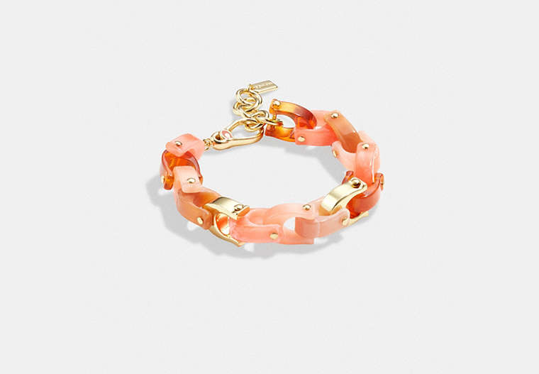 COACH®,CHUNKY SIGNATURE LINK BRACELET,Brass,Gold/Coral Multi,Front View