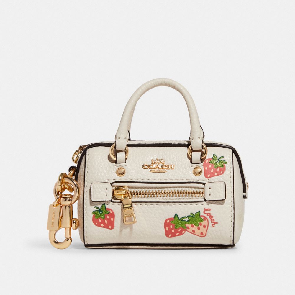 Coach Mini Rowan Satchel Bag Charm With Strawberry Print Gold/Chalk Leather  NWT 