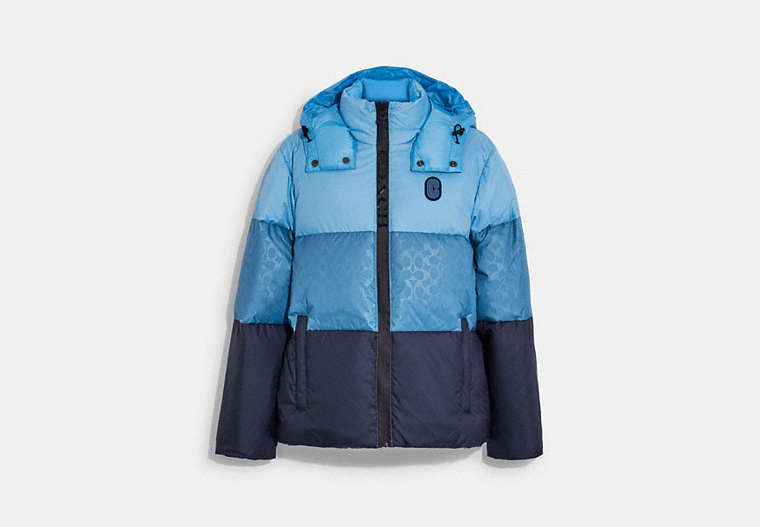COACH®,COLORBLOCK DOWN JACKET,Polyester,Blue Multi,Front View