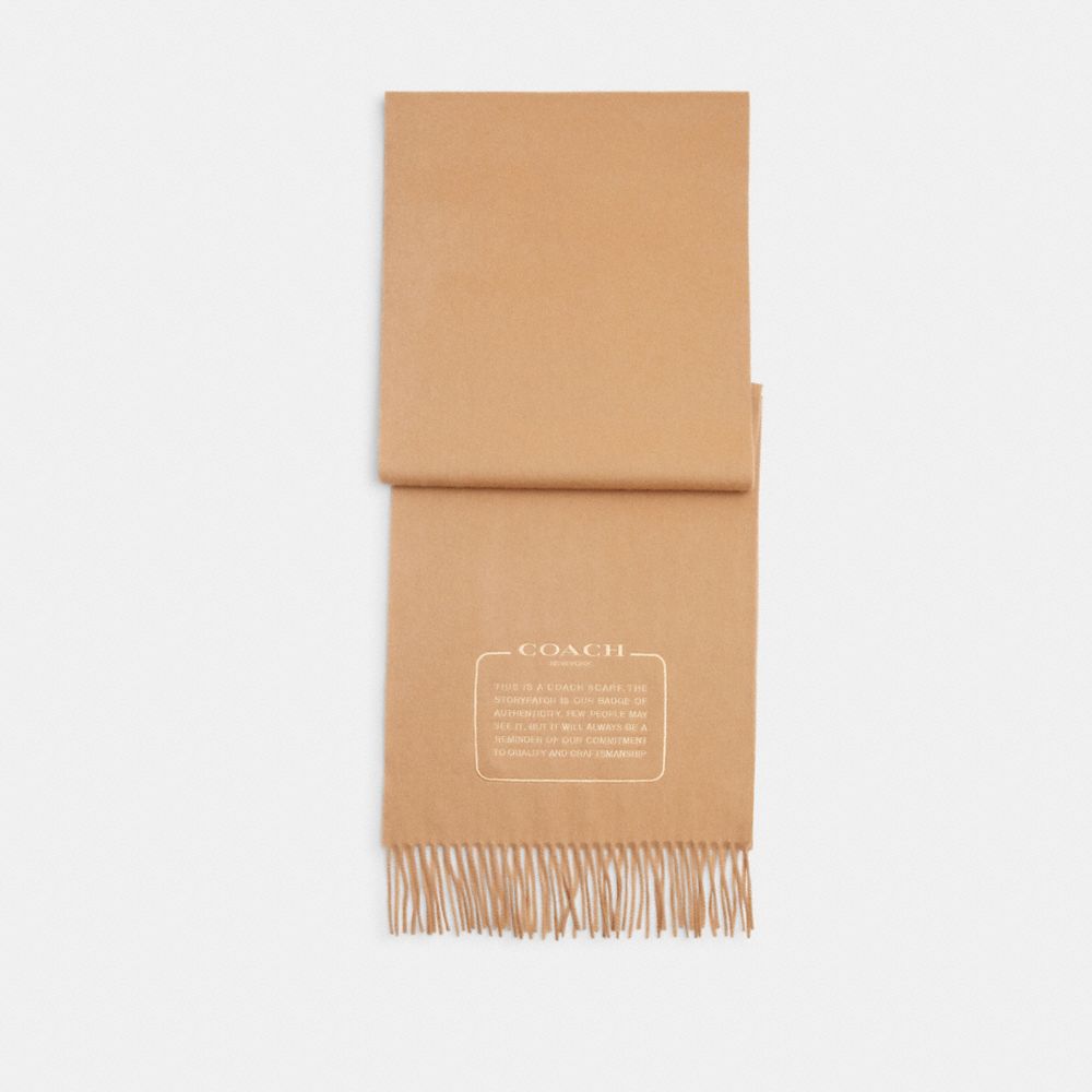 COACH®,Embroidered Patch Cashmere Muffler,Cashmere,Rectangle,Logo,Word Embellishment,Fringe,Casual,Beige,Front View