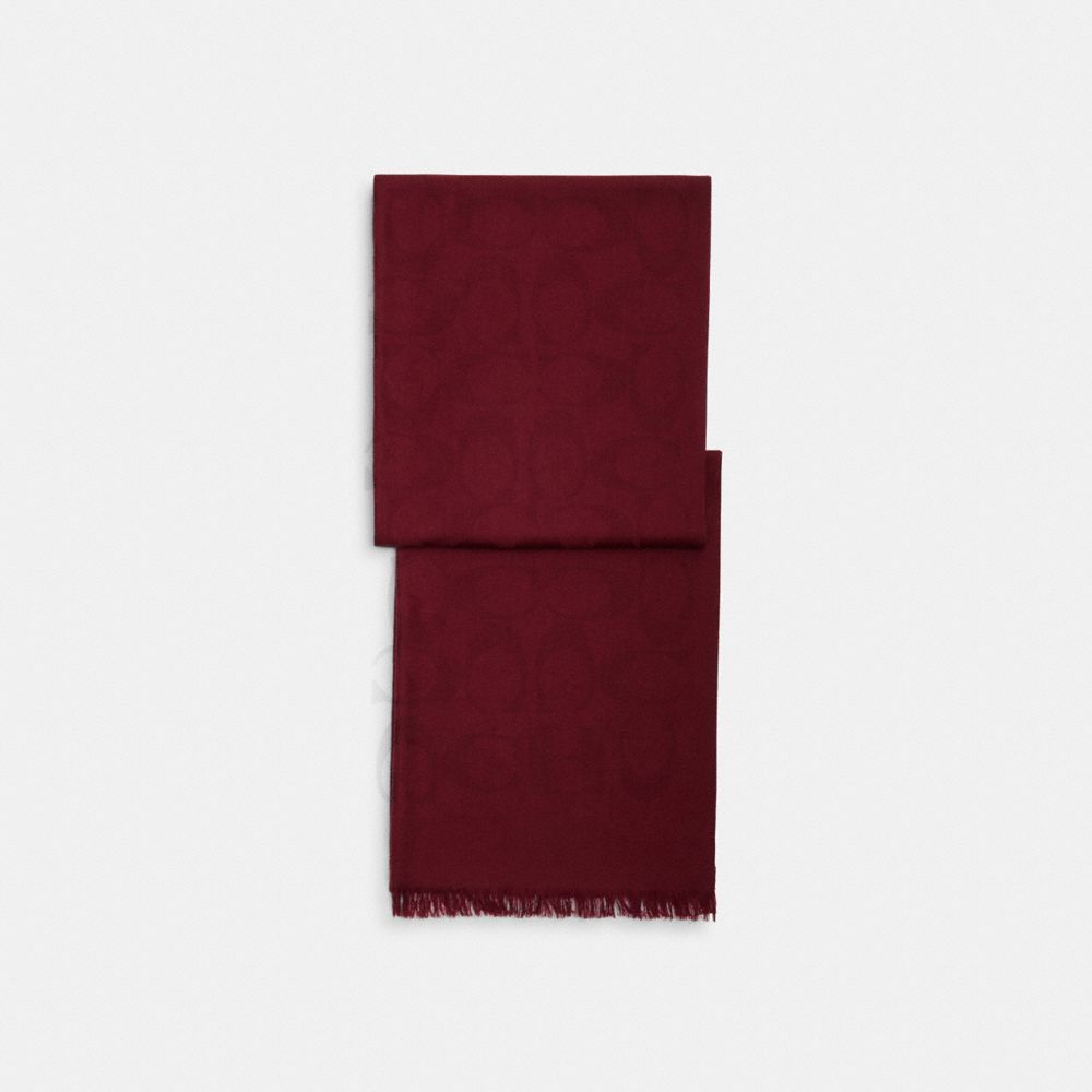 COACH®,Signature Wrap,Wool Blend,Silk,Rectangle,Logo,Frayed,Work,Maroon,Front View