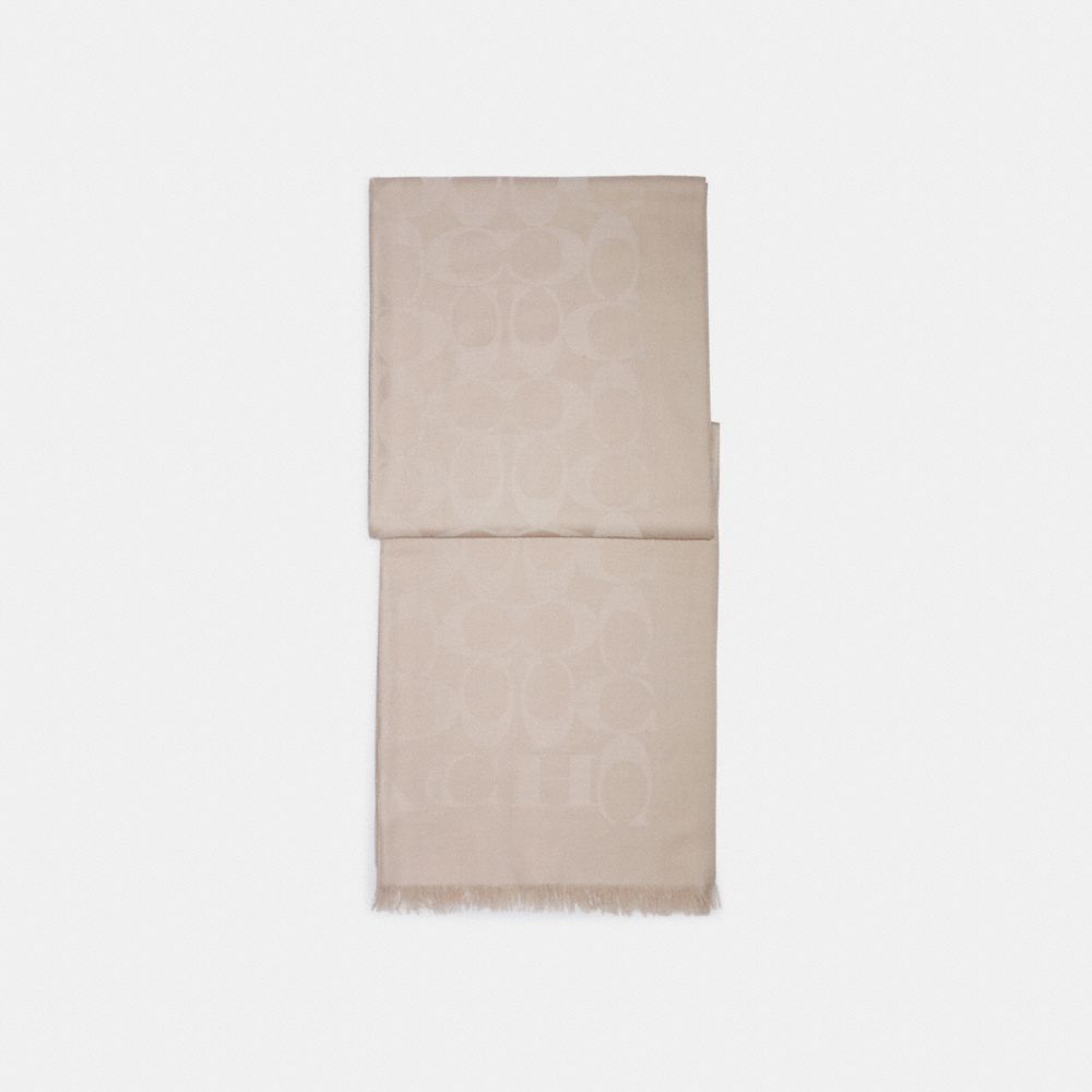 COACH®,Signature Wrap,Wool Blend,Silk,Rectangle,Logo,Frayed,Work,Beige,Front View